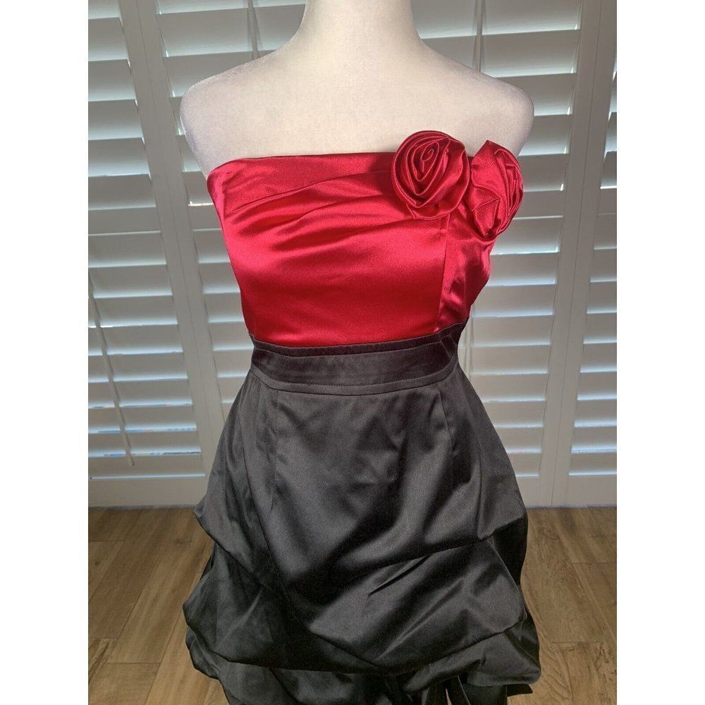 Vtg Y2K Strapless Satin Cocktail Dress 7 Hot Pink Black Pin Tucks Homecoming
